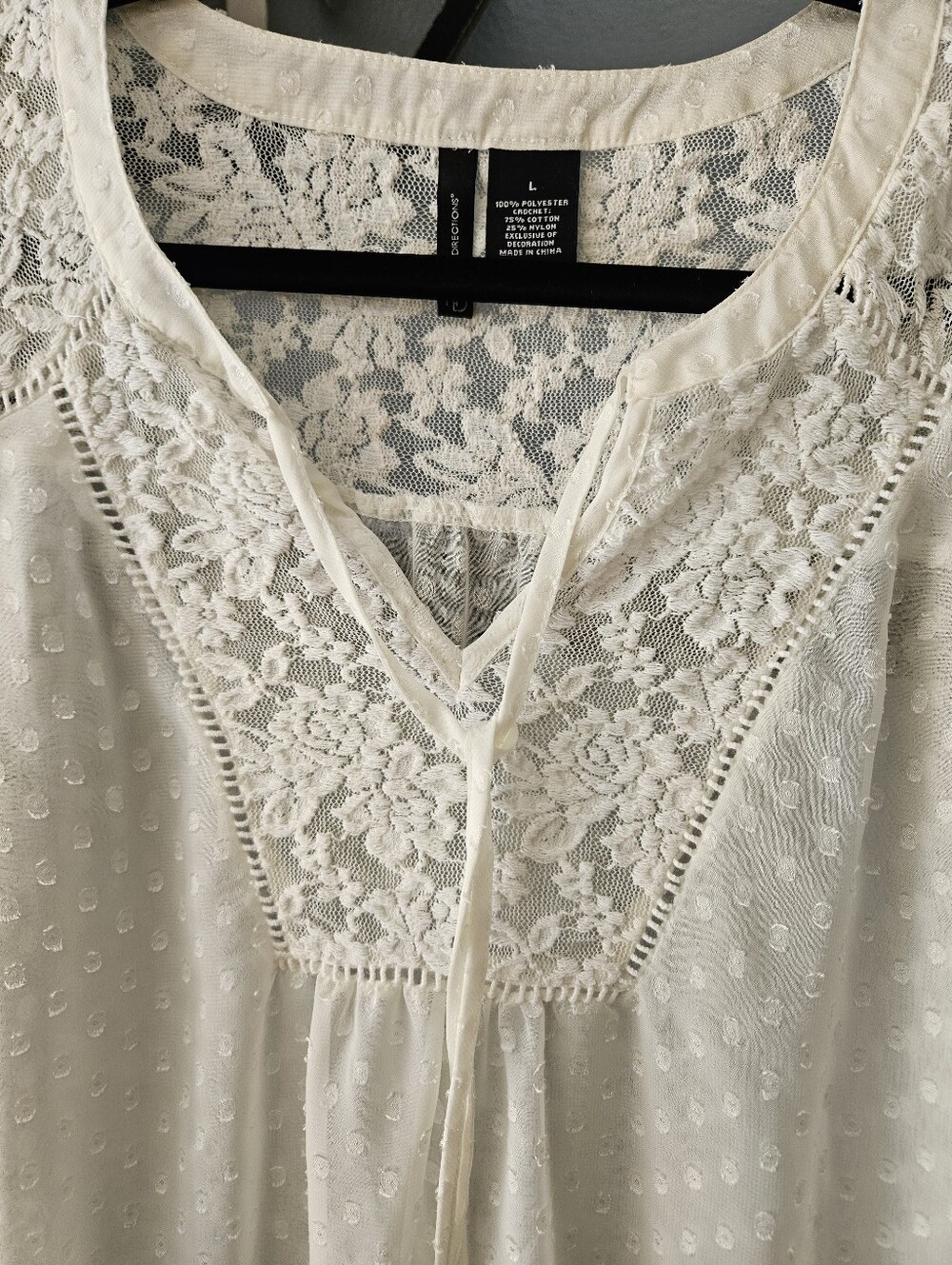 new directions Cream Lace Yoke Swiss Dot Peasant Blouse Size Large - Picture 3 of 4